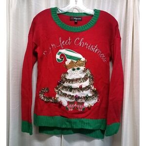 33 Degrees Cat Christmas Sweater Women's XS Red Garland Ornaments & Sequins Ugly